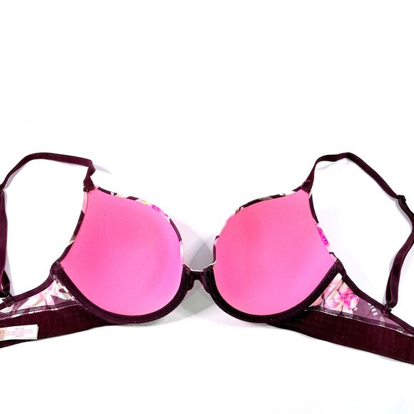 VS PINK Wear Everywhere T-Shirt Lightly Lined Bra - Maroon Pink Floral - 32D - Picture 3 of 7